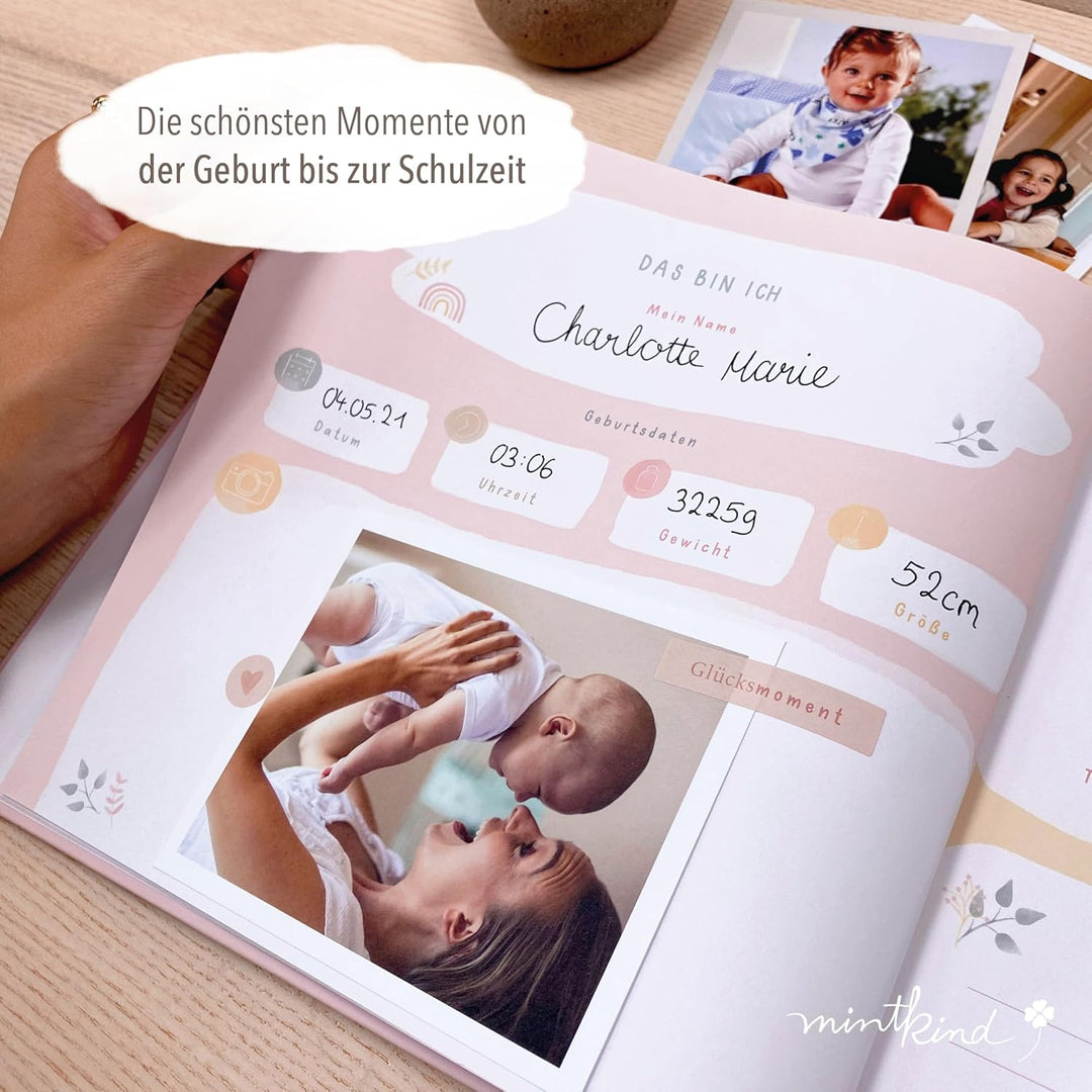 mintkind® "Meine Kindheit" Erinnerungsalbum Rosa Blumen Design + Sticker Set I deine ersten 10 Jahre