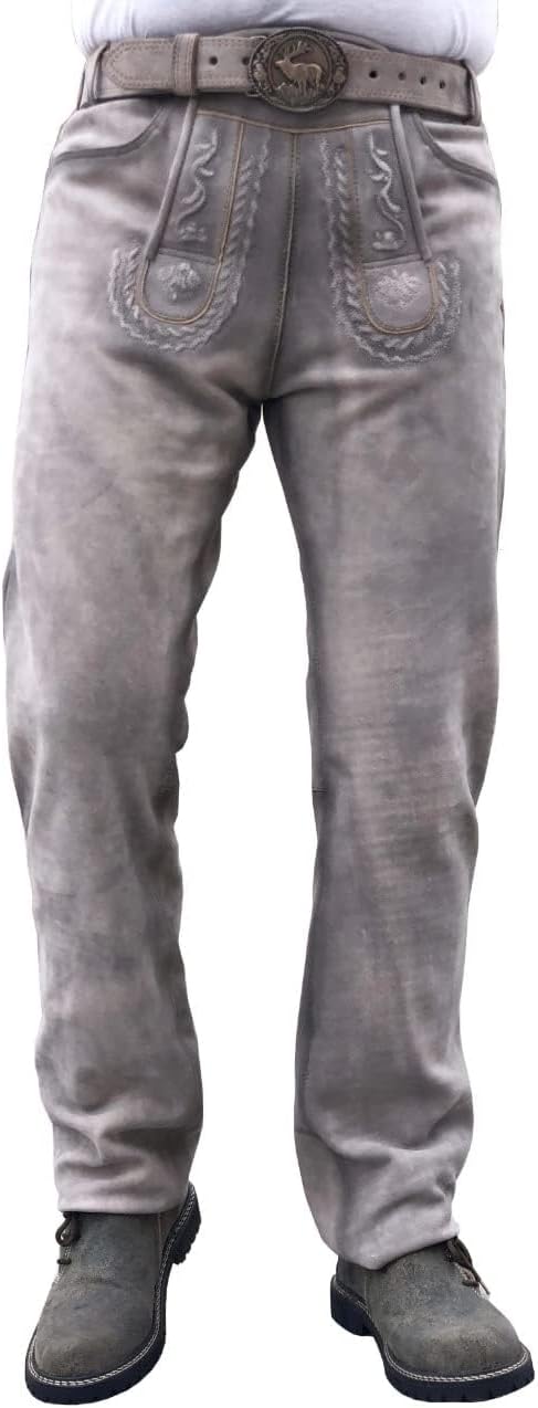 Trachten Lord Unikat Lange Hirschlederhose Soft ECHT-Leder für Männer Antik grau Grösse 46 bis 64 46