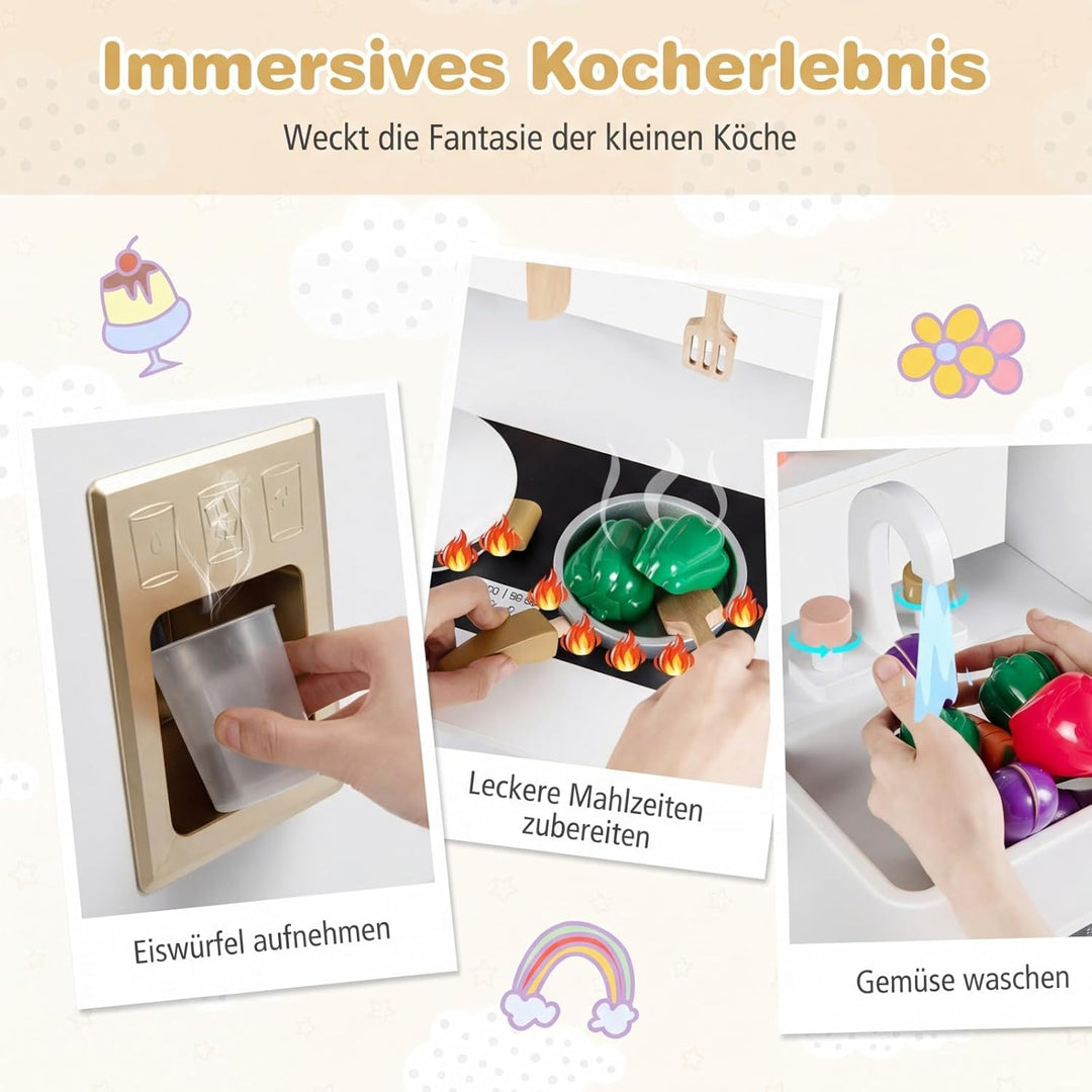 COSTWAY Kinderküche, Spielküche Holz mit 17 Zubehörteilen, Spielzeugküche mit Backofen, Eismaschine,