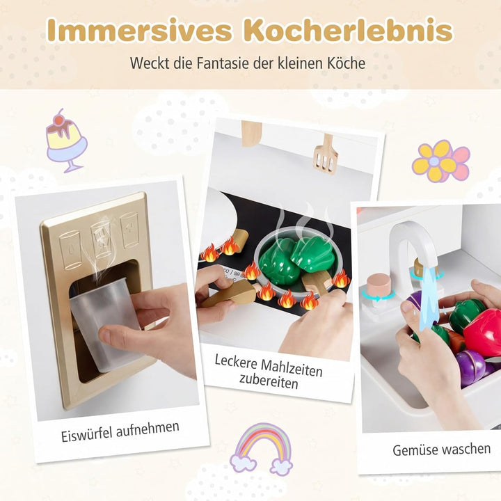 COSTWAY Kinderküche, Spielküche Holz mit 17 Zubehörteilen, Spielzeugküche mit Backofen, Eismaschine,