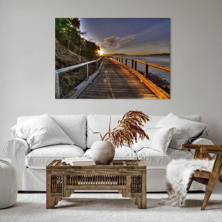 Bilder auf Leinwand 100x70cm Leinwandbild Fussgängerbrücke Himmel Wasser Gross Wanddeko Bild Schlafz