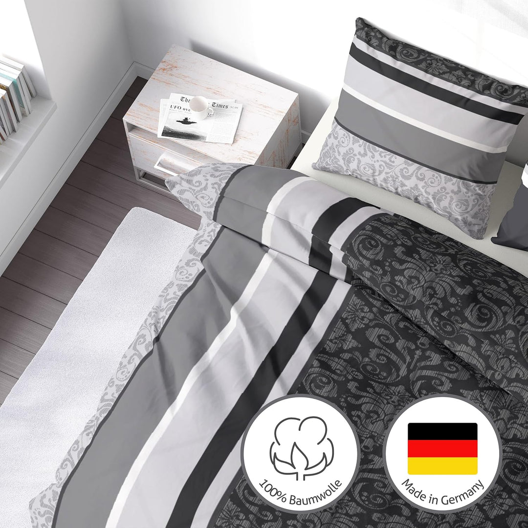 LINKHOFF Flanell Biber Bettwäsche 155x220 Baumwolle 2tlg | Bettwäsche-Set in Grau Anthrazit Paisley