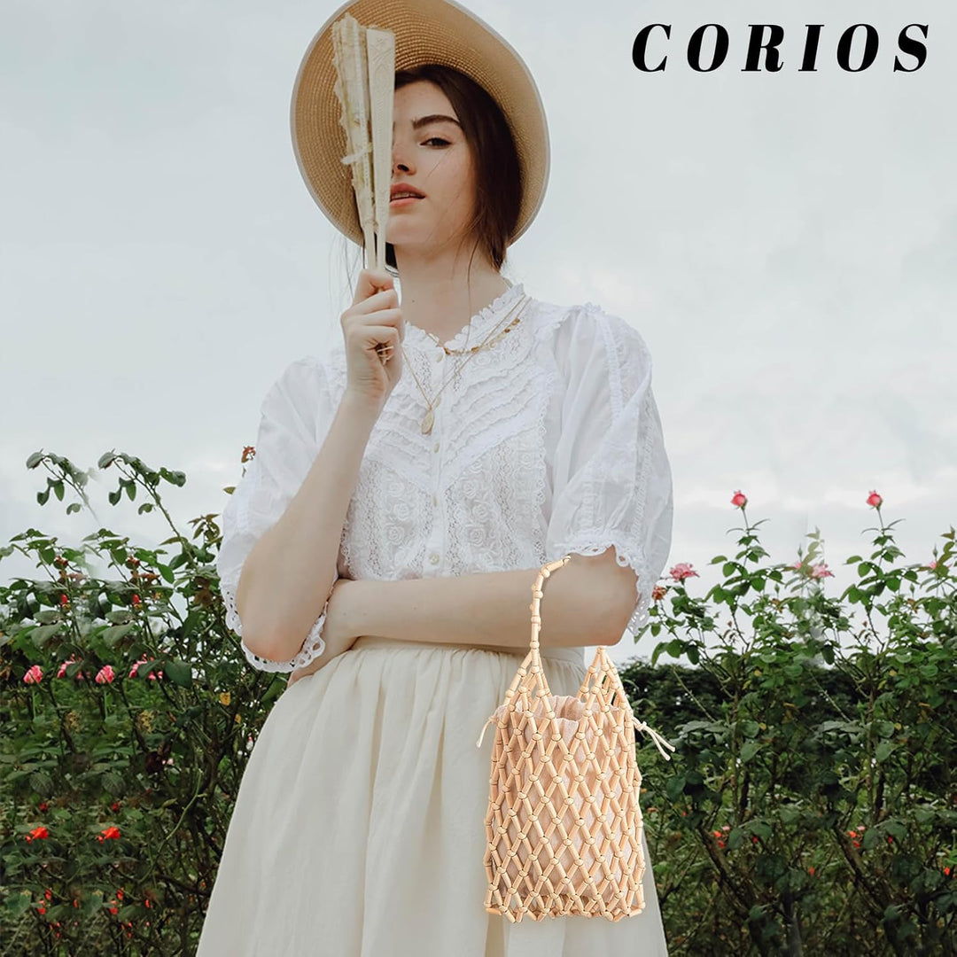 CORIOS Damen Gewebte Handtasche Böhmische Tote Beutel Retro Eimer Taschen Sommer Strand Tasche Gestr