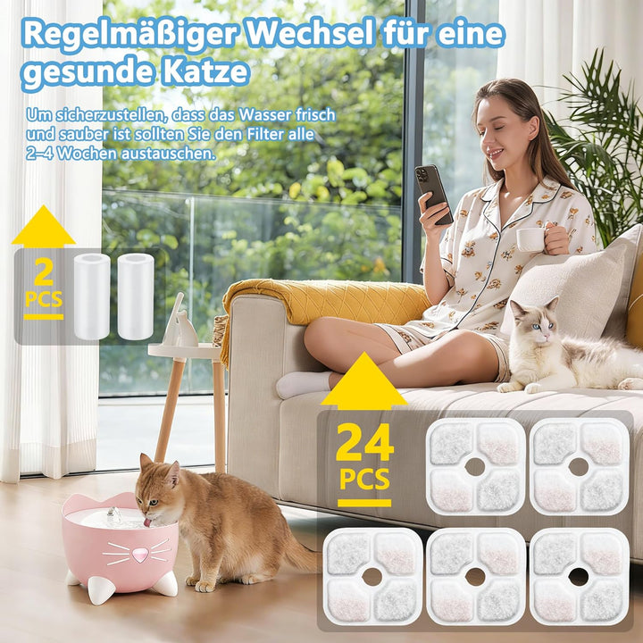 24 Stück Katzenbrunnen Filter für Catit Pixi Trinkbrunnen, Ersatzfilter mit Dreifachem Filtersystem,
