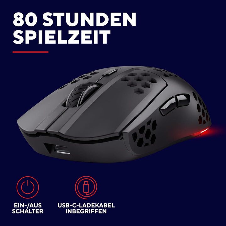 Trust Gaming GXT 929 Helox Kabellose Gaming Maus, Ultraleichte Maus 75g, 80h Dauerbetrieb, 2,4-GHz-M