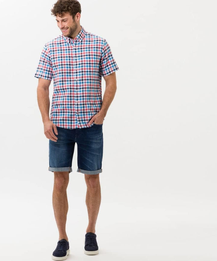 BRAX Herren Style Dan C Cotton Linen Slub Kariertes Kurzarmhemd Hemd XL Ocean, XL Ocean
