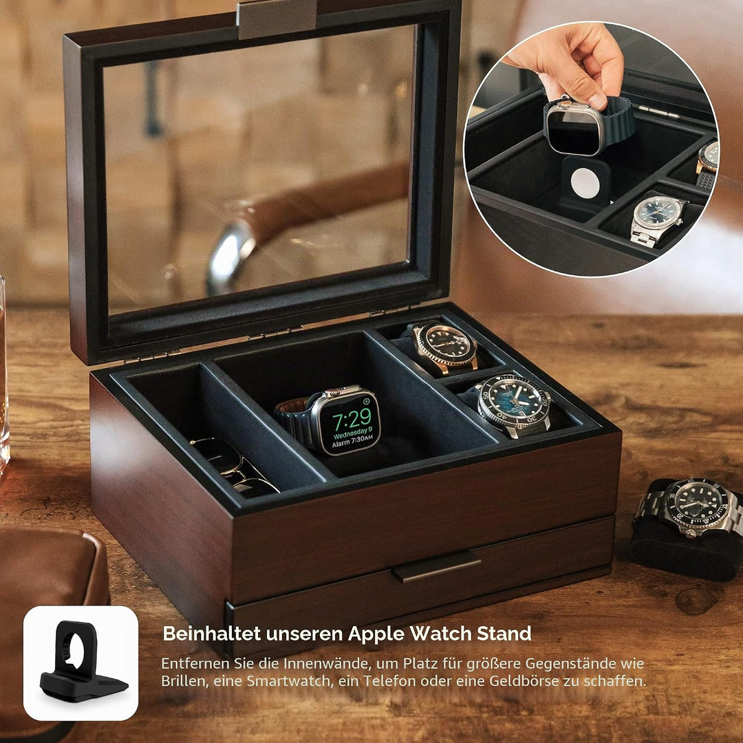 CASE ELEGANCE Uhrenbox mit 8 Fächern für Herren, Kirschholz-Walnuss-Finish, Uhrenvitrine, modulares