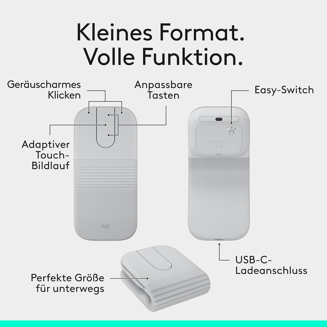 Logitech Mobi Fold, ultramobile Maus für unterwegs, klein und leicht, Touch-Scroll, leise Klicks, 4K