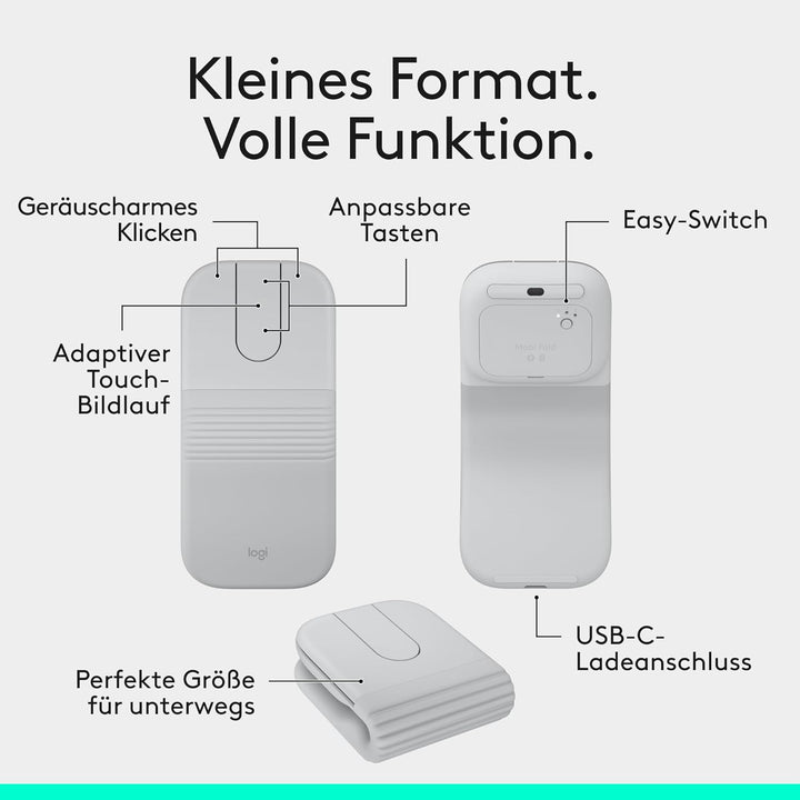 Logitech Mobi Fold, ultramobile Maus für unterwegs, klein und leicht, Touch-Scroll, leise Klicks, 4K