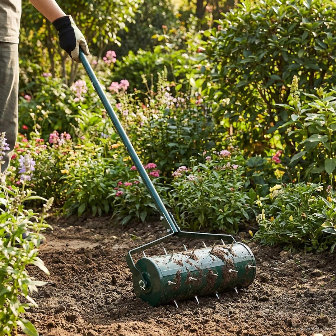 Rasenlüfter-Rasenroller mit Lüftungskrallen zur Bodenbelüftung, Stahl-Gartenwerkzeug zur Rasenpflege