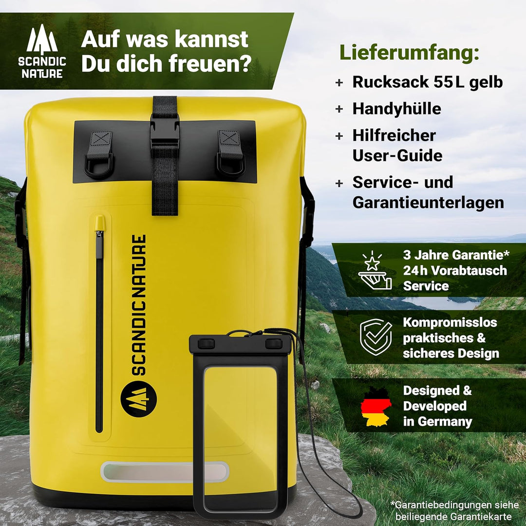 PIONEER wasserdichter Rucksack mit Rolltop Verschluss 35L 55L schwarz gelb oliv-grün - extra robust