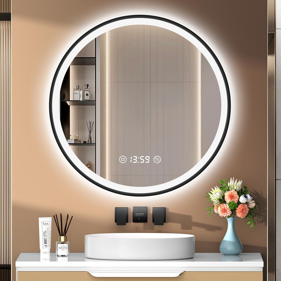 Runder LED Spiegel mit Beleuchtung und Uhr 60 cm - Antibeschlag, Dimmbar, 3 Lichtfarben, Touch-Schal