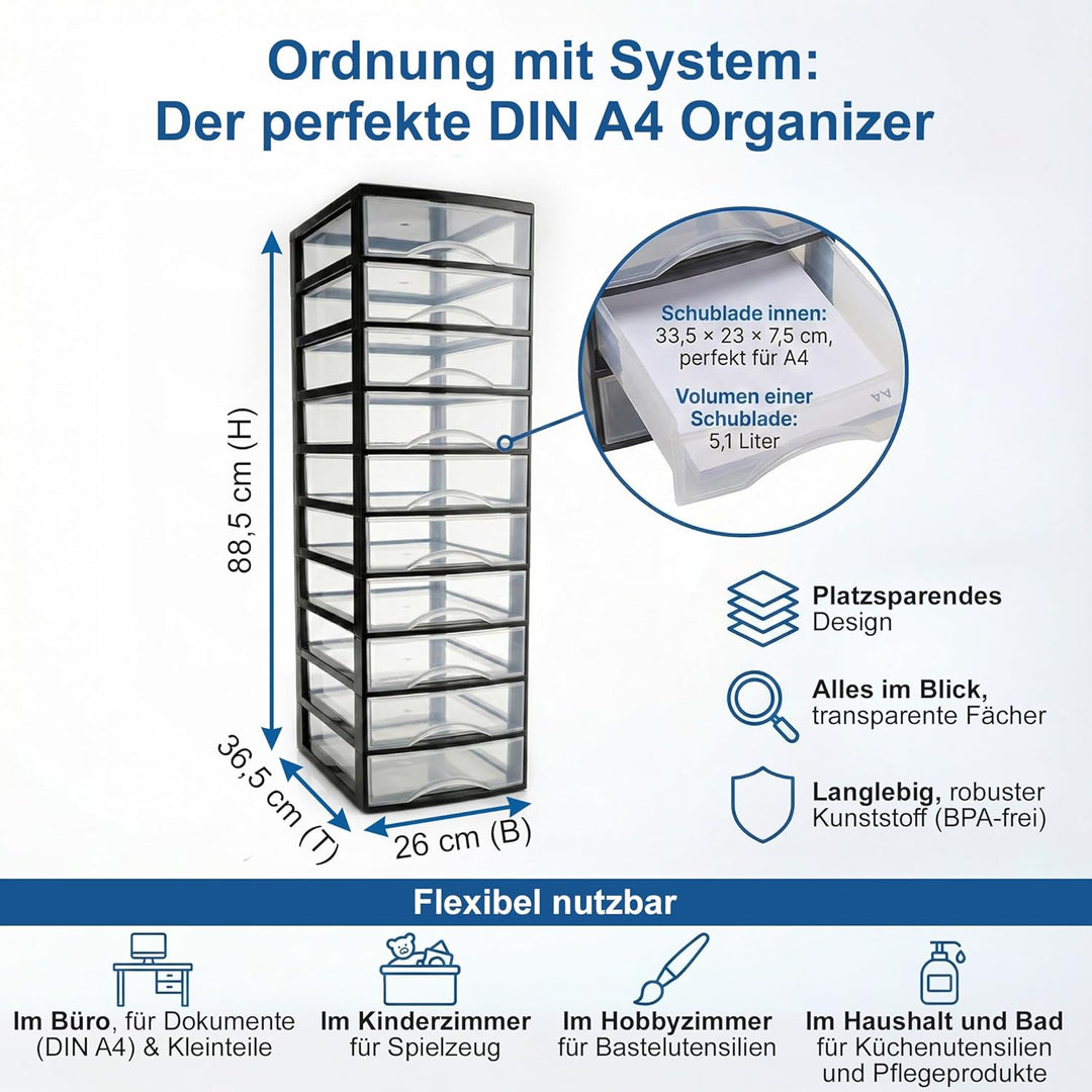 Hausfelder Schubladenbox A4 mit 10 Schubladen, Transparente Kunststoff Schubladenbox für Schreibtisc