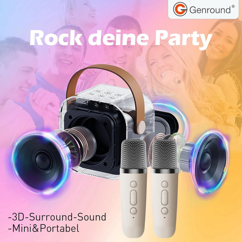 Genround Tragbare Karaoke-Maschine, 2 Mikrofone, Bluetooth-Lautsprecher mit Gesangsentferner, 3 LED-
