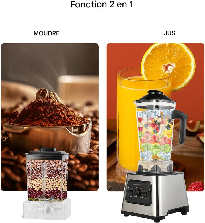 Standmixer Smoothie, 2-in-1 Standmixer mit 4 Klingen, 6000 W Leistung, 2 l Kapazität, Design mit 9 G