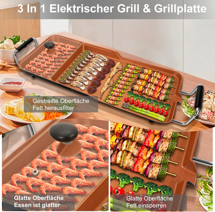 AEWHALE 3-in-1 Grillplatte Elektrisch, 2000 W, Tischgrill Elektrisch für Drinnen und Draussen mit An