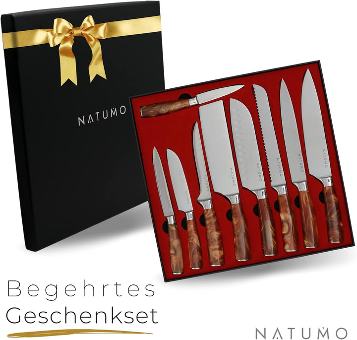 NATUMO Küchenmesser Set 9-teilig. HRC 56+ scharfes Messerset Profi in Damast-Optik aus Allzweckmesse
