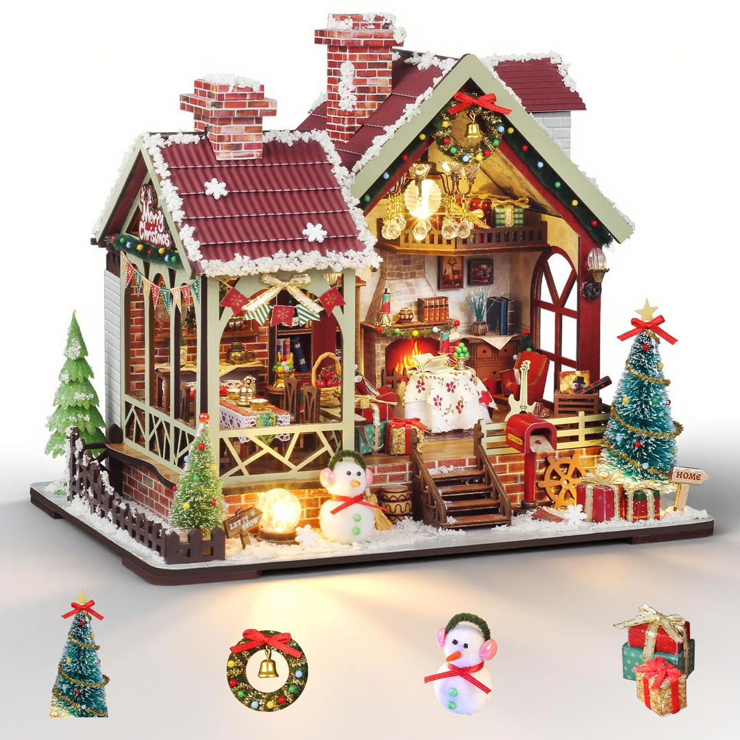 Cuteefun Miniatur Haus Selber Bauen Weihnachten, DIY Miniature House mit LED Licht, 3D Holz Puzzle &amp;