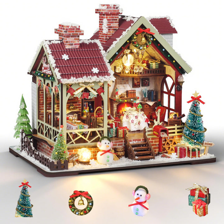 Cuteefun Miniatur Haus Selber Bauen Weihnachten, DIY Miniature House mit LED Licht, 3D Holz Puzzle &amp;