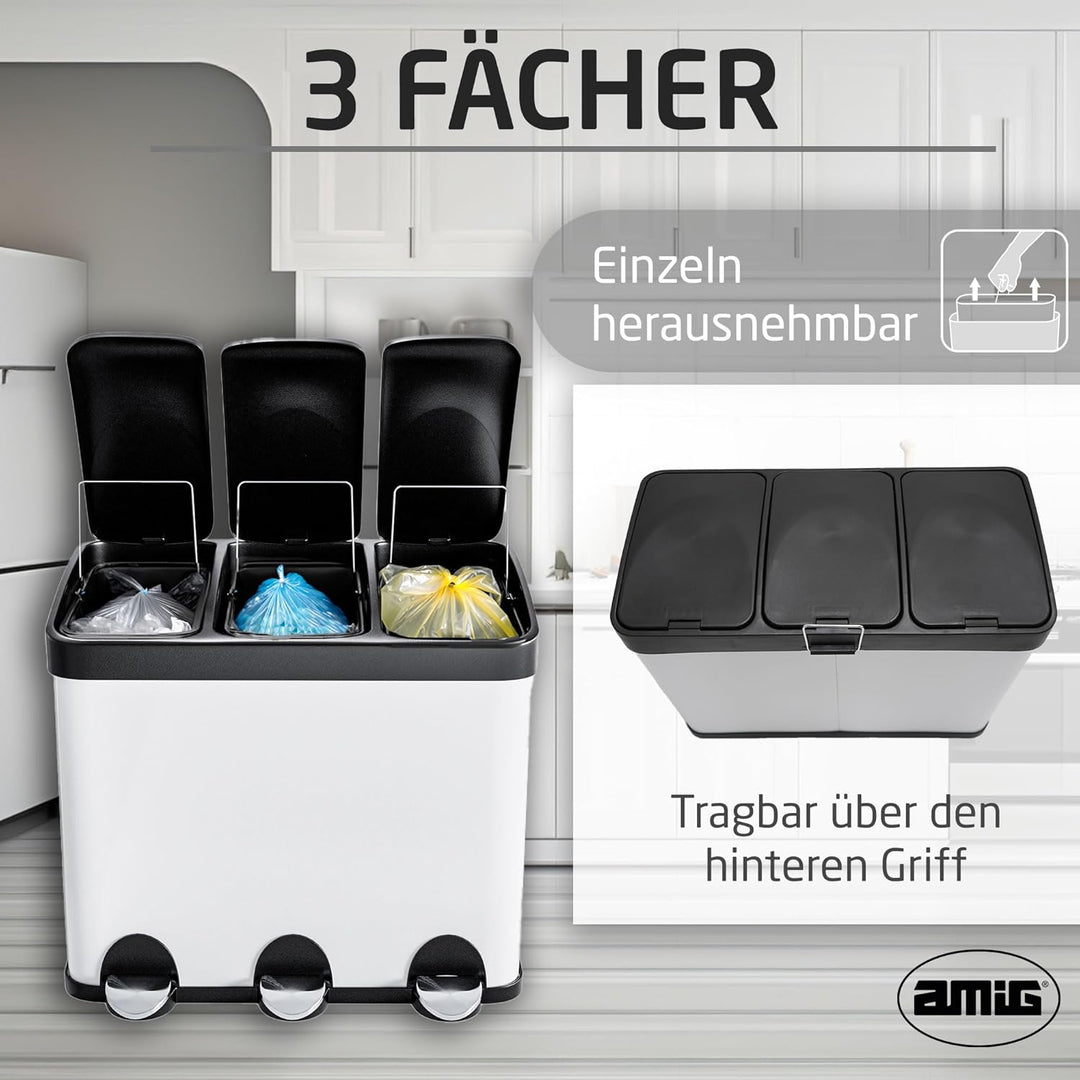 Amig - Dreifacher Mülleimer mit Pedalen 45 Liter | 3 herausnehmbare 15-Liter-Fächer | Recyclingbehäl
