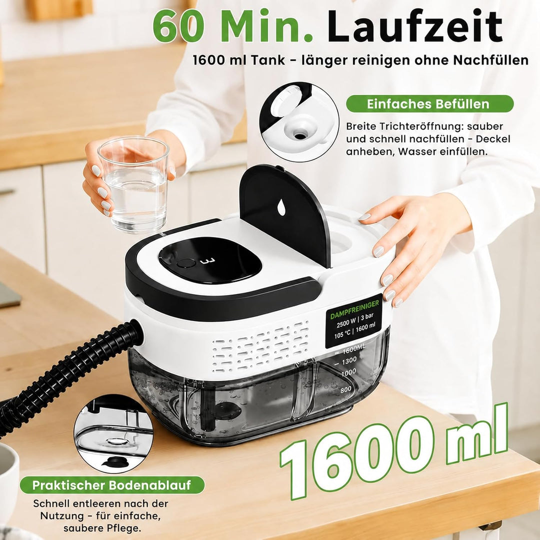 Dampfreiniger Handgerät, 2500W Handdampfreiniger mit 1,6-Liter-Wassertank, 15 Sekunden Aufheizzeit,