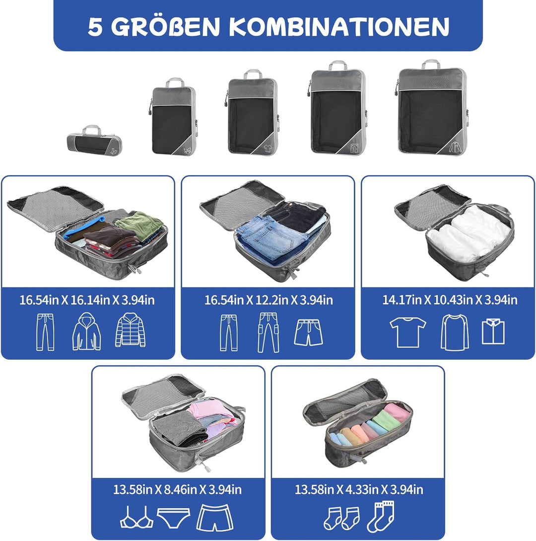5-teilig Kompressions Packwürfel Set für Reisen, Compression Packing Cube zur Organisation Ihres Rei