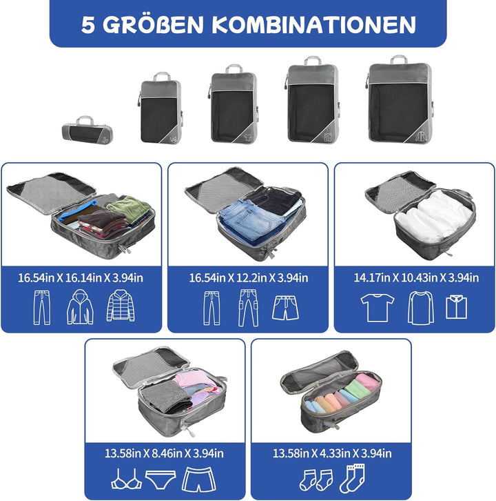 5-teilig Kompressions Packwürfel Set für Reisen, Compression Packing Cube zur Organisation Ihres Rei
