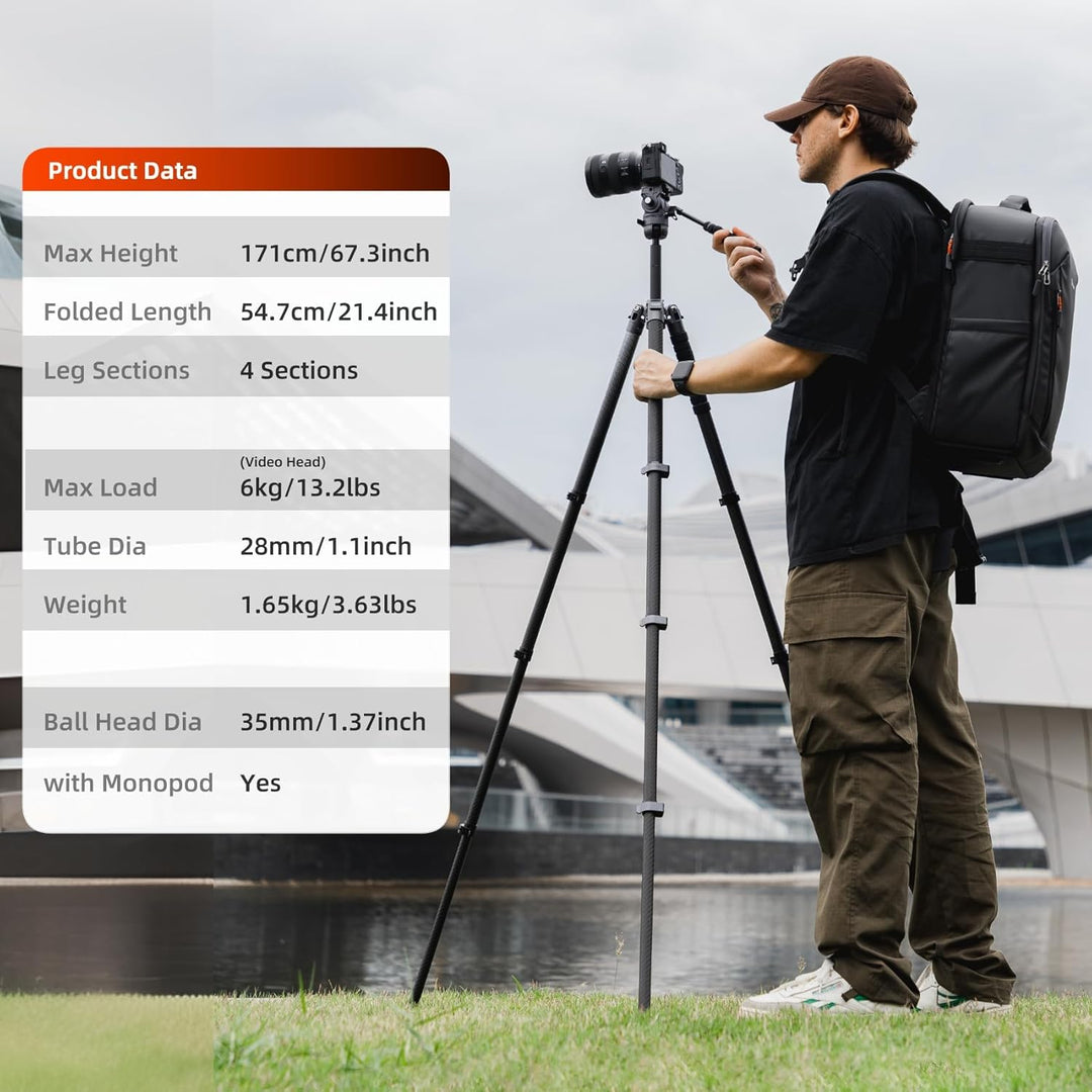 Fotopro X-AIRFLY Max Video 171 cm Kohlefaser-Videostativ – 28 mm Rohre, 36 mm Kugelkopf + Flüssigkei