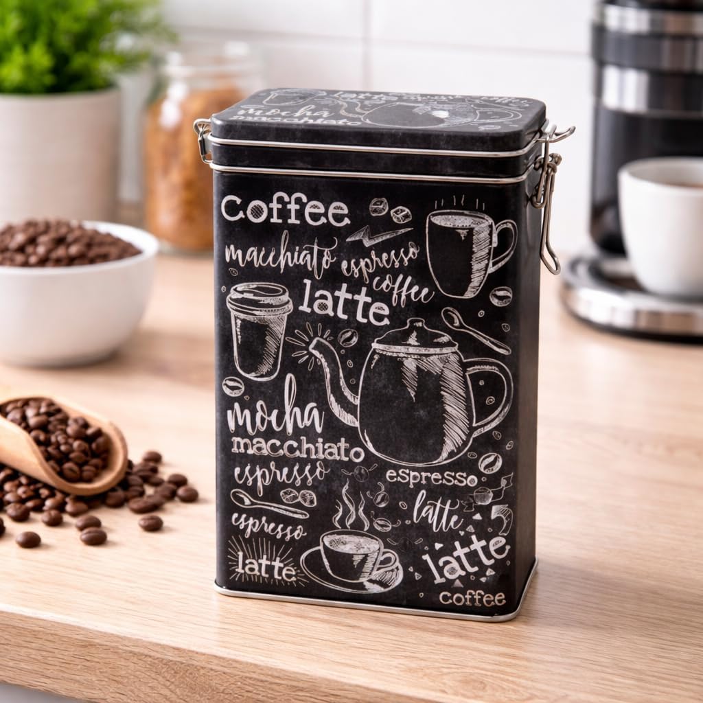 Rechteckige Kaffeedose im Vintage-Stil, schwarz/weiss, Retro-Blechdose für die Küche, hermetisch abg
