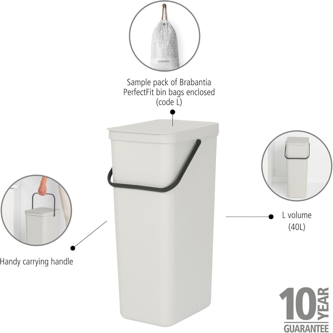 Brabantia Sort & Go Recycling-Mülleimer, 40 l, Hellgrau Light Grey 40 Liter Mülleimer, Light Grey 40