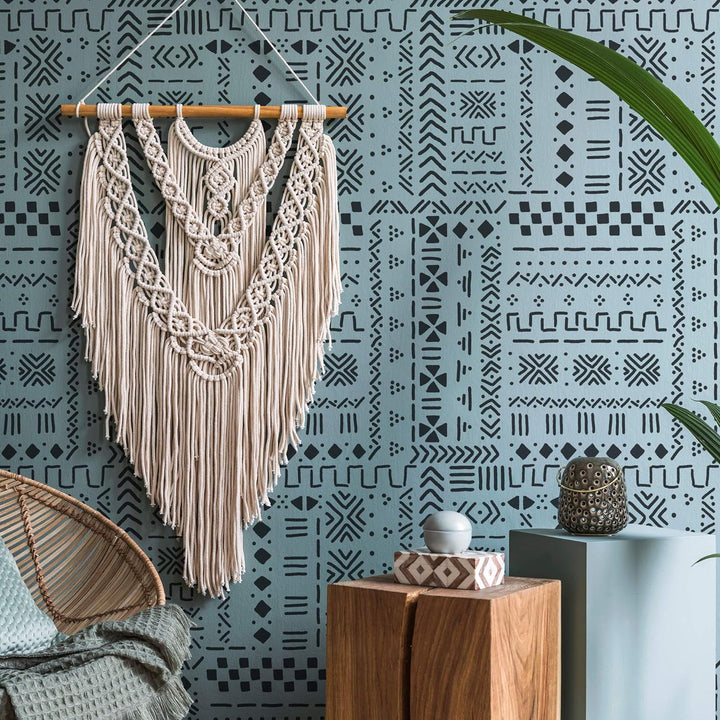 NAKLEO Wiederverwendbare Kunststoff-Schablonen - 59x95cm - Mali-Schlammtuch Boho Afrikanisch 2 - Gro