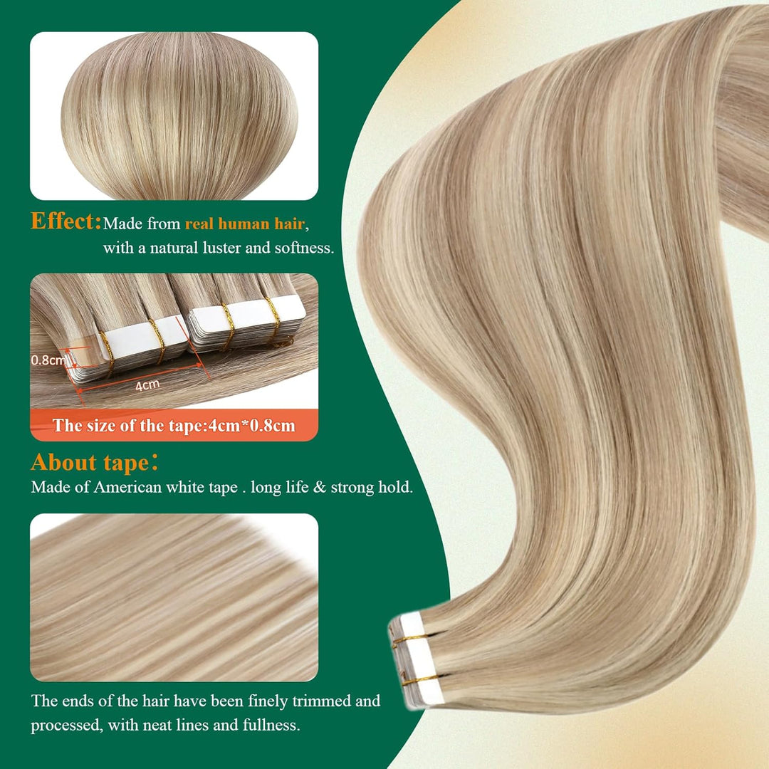 Easyouth Echthaar Extensions Tape in Remy Haarverlangerung Tape Extensions Aschblond Mix Hellblond T