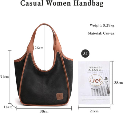 PORRASSO Damen Handtasche Canvas Hobo Schultertasche Fraue Shopper Henkeltasche für Einkaufen Schule