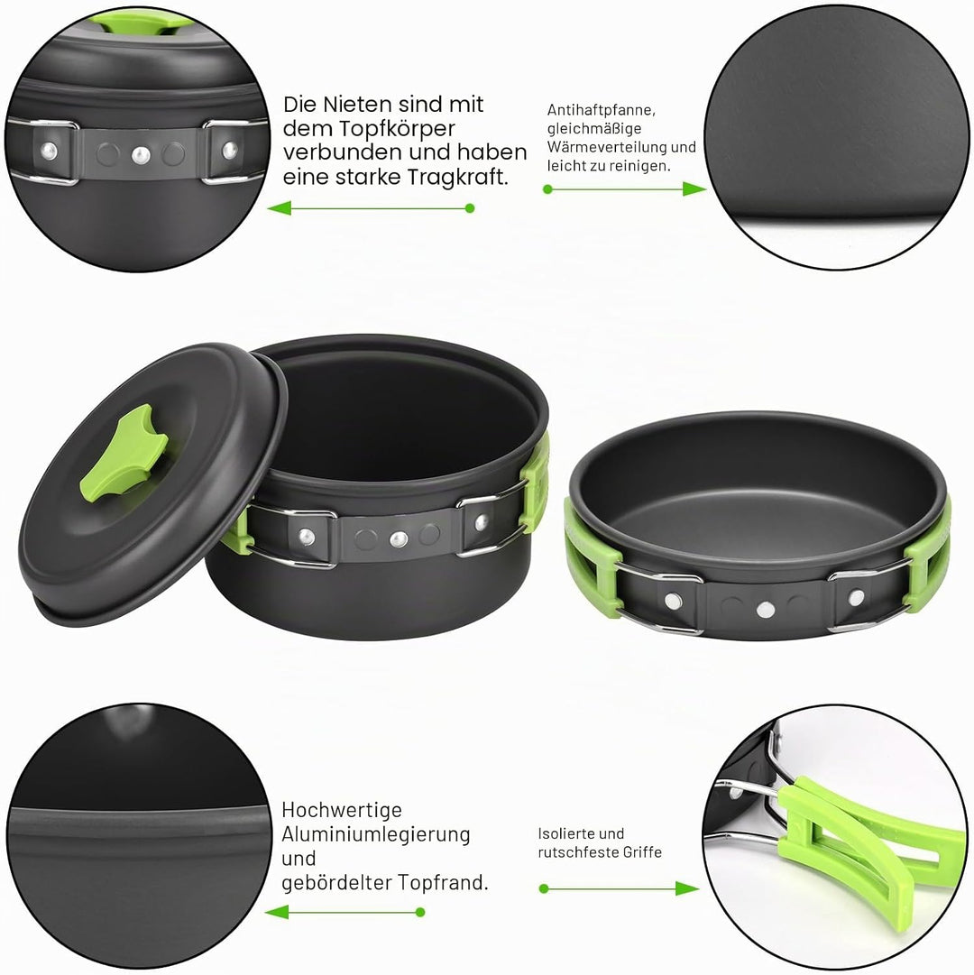 Qtiwe 10-Teilig Cookware Kit Picknick Töpfen Kochgeschirr Campinggeschirr Set für 1-2 Personen zum C
