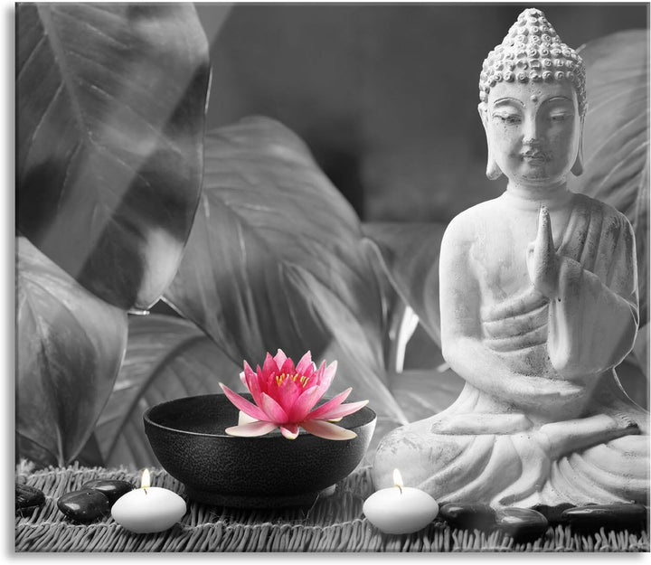 Buddha mit Seerose Herdabdeckplatte & Spritzschutz aus Echtglas | Für Herd-Kochfelder | 60x52 cm