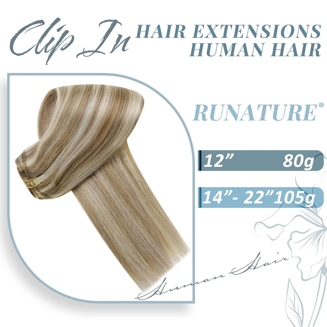 RUNATURE Clip in Echthaar Extensions Aschbraun mit Platinblond Extensions Clip in Glatt Harr Gerade