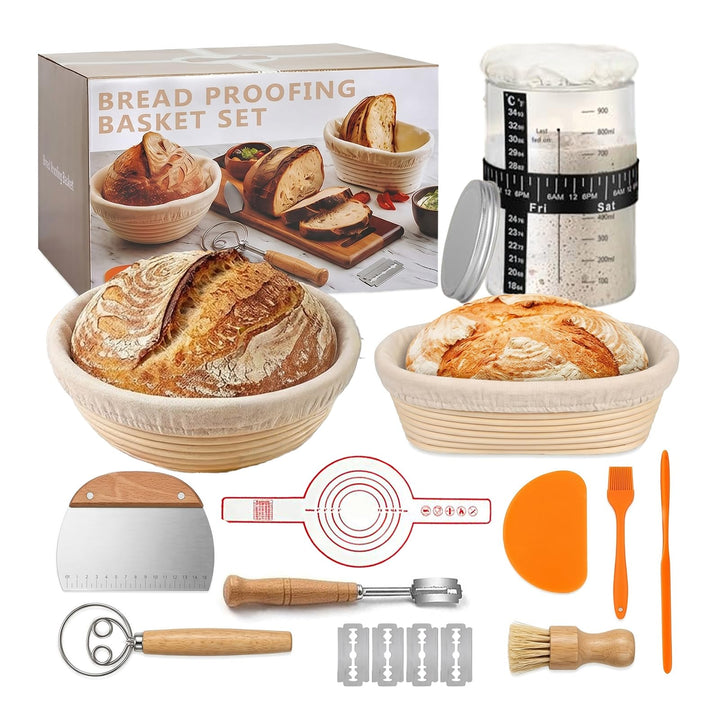 Sauerteig Starter Set mit Gärkörbchen Rund und Oval 2er Set Profi Brotbackset mit Sauerteigglas Teig