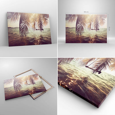 Bilder auf Leinwand 100x70cm Leinwandbild mit Rahmen Meer Palme Wasser Gross Wanddeko Bild Schlafzim