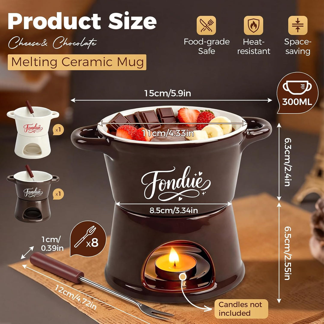 Yoassi 2 Stück Keramik Käsefondue Set, Mini Schokoladenfondue Tasse, Käsebecher mit 8 Gabeln, Schmel
