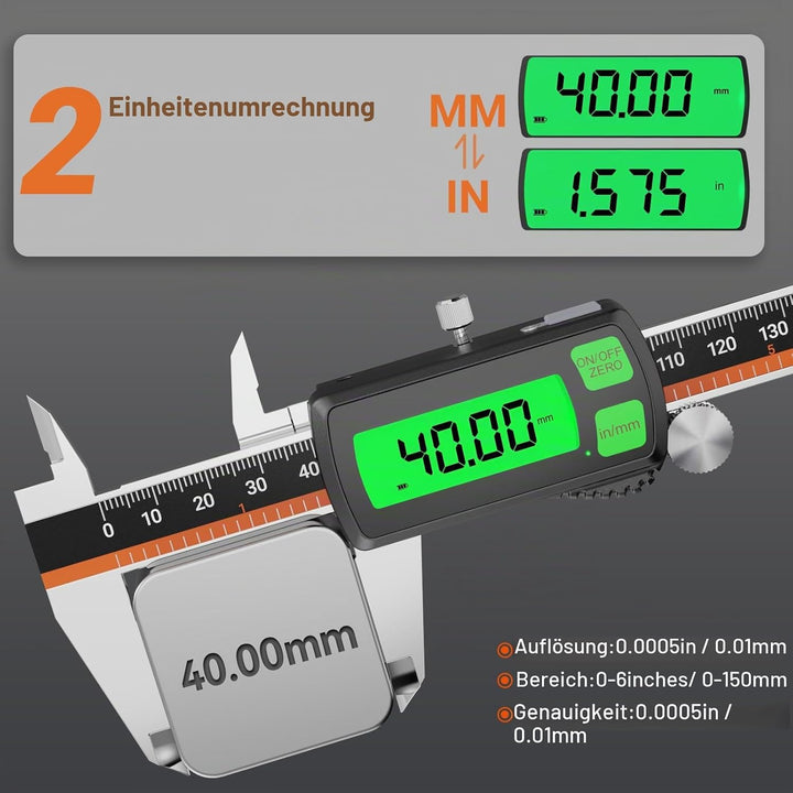 Preciva Digitaler Messschieber 150 mm, wiederaufladbar | Hintergrundbeleuchtet | Touchscreen-Digital