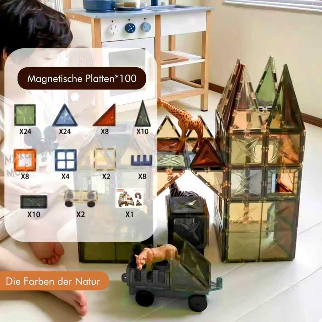 100 Magnetische Bausteine mit 2 Autos, STEM-Bauspielzeug, Kinderspiel zum Zusammenbauen, Lernspielze