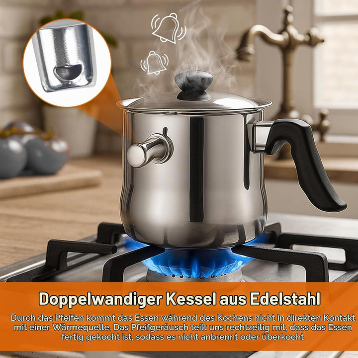 Doppelwandiger Milchtopf Induktion 1,5L, Edelstahl Wasserbad Topf mit Deckel und Pfeifton, Simmertop