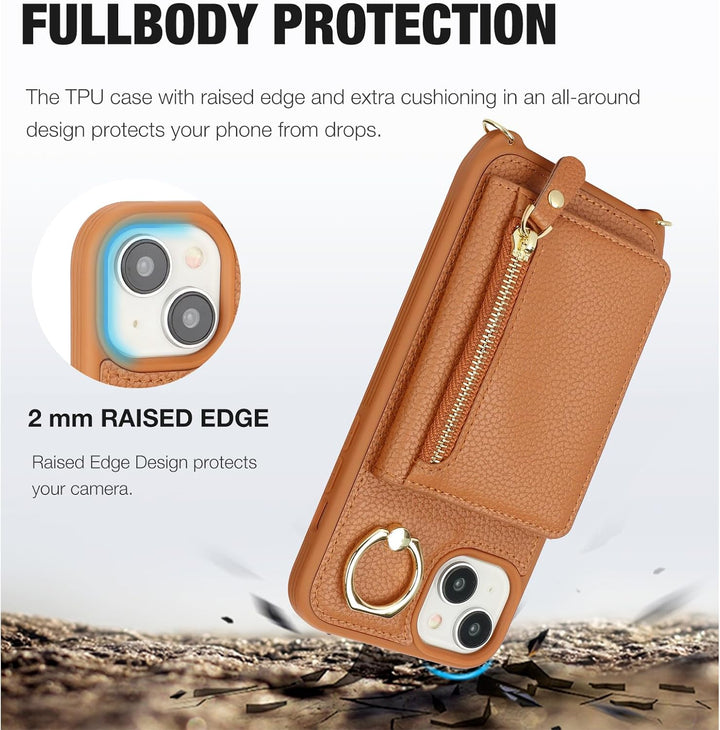 ELTEKER Handyhülle für iPhone 13 Hülle mit Band Kartenfach Ringhalterung Geldbörse,Leder Klapphülle