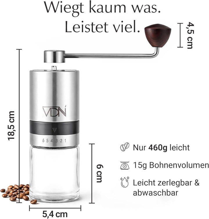 VDN Kaffeemühle manuell - Kaffeemühle Kegelmahlwerk [aus Edelstahl] - Kaffeebohnen Mahlgerät [6 Mahl