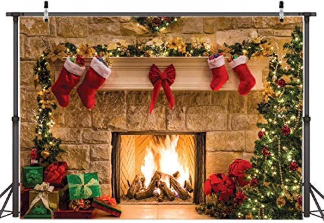 AIIKES 8x6FT Frohe Weihnachten Hintergrund Baumsocken Geschenk Familienfeier Ornamente Hintergrund F