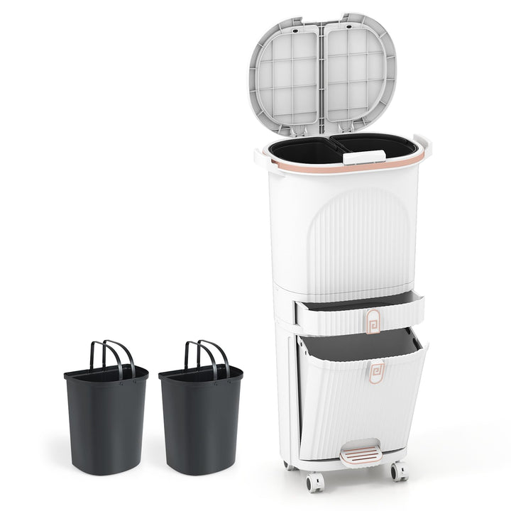 COSTWAY Mülleimer Küche, Mülltrennsystem 3 Fächer, 2 x 12L Inneneimer & 14L Treteimer, Abfalleimer m