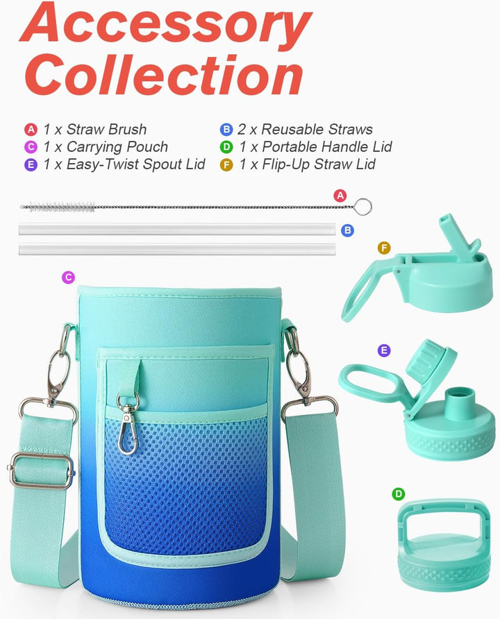 Isolierte Wasserflasche 18 l mit Strohhalm & 3 Deckel Coolflask Half Gallone Water Jug Large Metal S