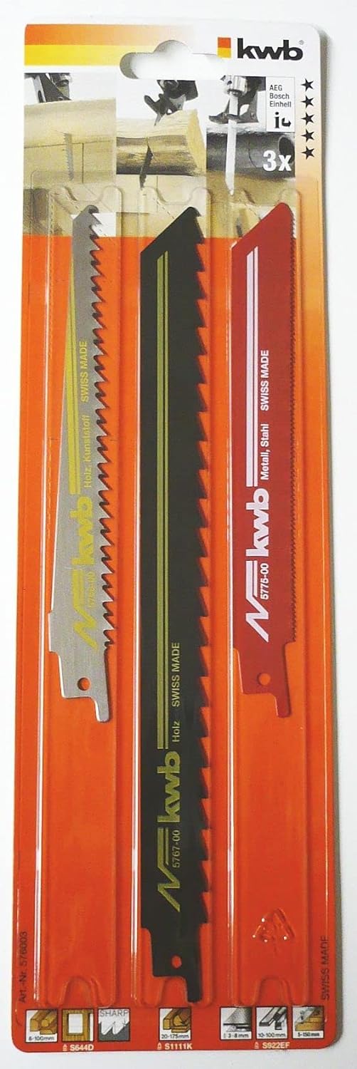KWB Säbelsägeblätter - Sägeblattset (3 Stück, für Holz und Metall, Zubehör Säbelsäge Set fein, mitte