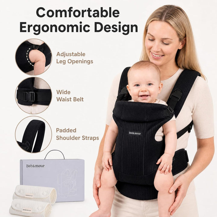 Bebamour Babytrage Vorder und Rückentrage mit 2 Schulterlätzchen, Black, Black