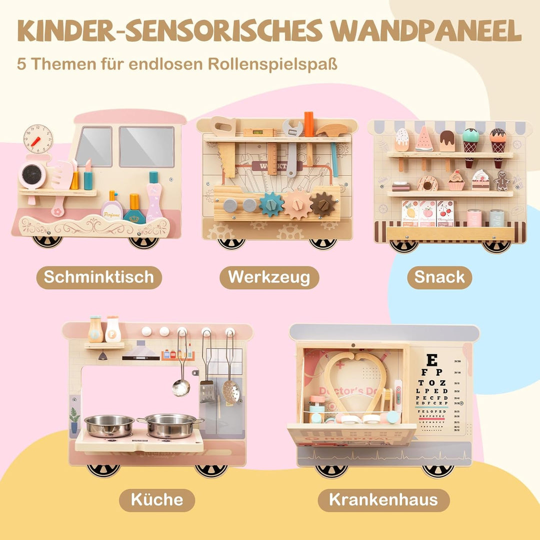 COSTWAY Montessori Motorikbrett, 5-in-1 Busy Board mit Schminkset, Werkzeugkasten, Spielküche, Arzts